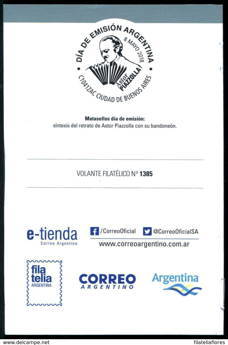 Argentina - Volante FDC Homenaje A Astor Piazzolla (emisión Año 2018) - FDC