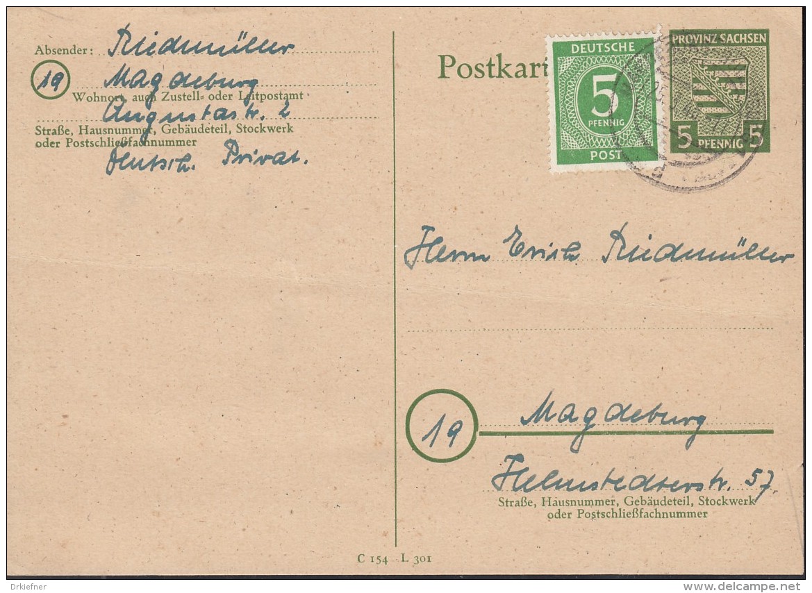 SBZ. Sachsen-Anhalt P 9 + ZFr. 915, Gebraucht, Stempel: Magdeburg 25.3.1946, Landeswappen 1945 - Altri & Non Classificati