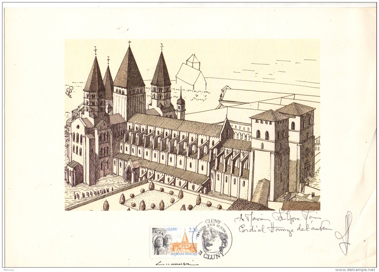 FRANCE - Gravure Dédicacée De L'abbaye De Cluny - Briefe U. Dokumente