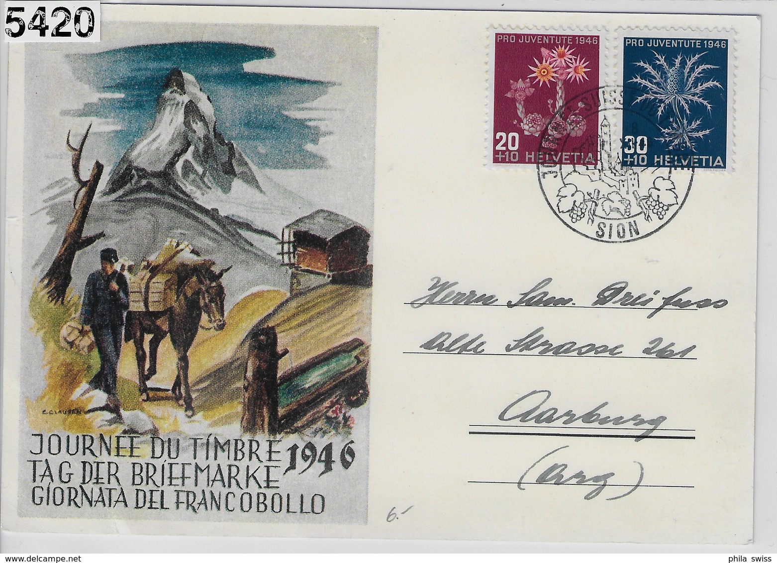 1946 Tag Der Briefmarke Journee Du Timbre Sion J123-J124/490-491 To Aarberg 8.XII.46 - Marcophilie