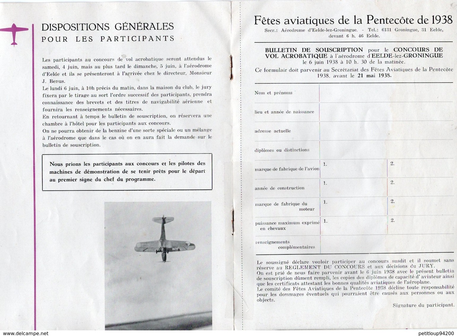 FETES AVIATIQUES DE LA PENTECOTE 1938 Aérodrome D'Eelde-Lez-Groningue CHAMPIONNAT NEERLANDAIS Vol Acrobatique AERO CLUB - Aerei