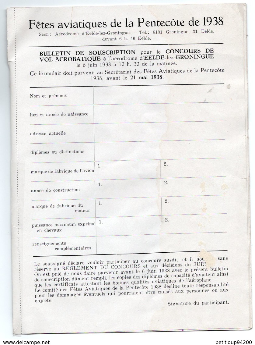 FETES AVIATIQUES DE LA PENTECOTE 1938 Aérodrome d'Eelde-Lez-Groningue CHAMPIONNAT NEERLANDAIS Vol Acrobatique AERO CLUB