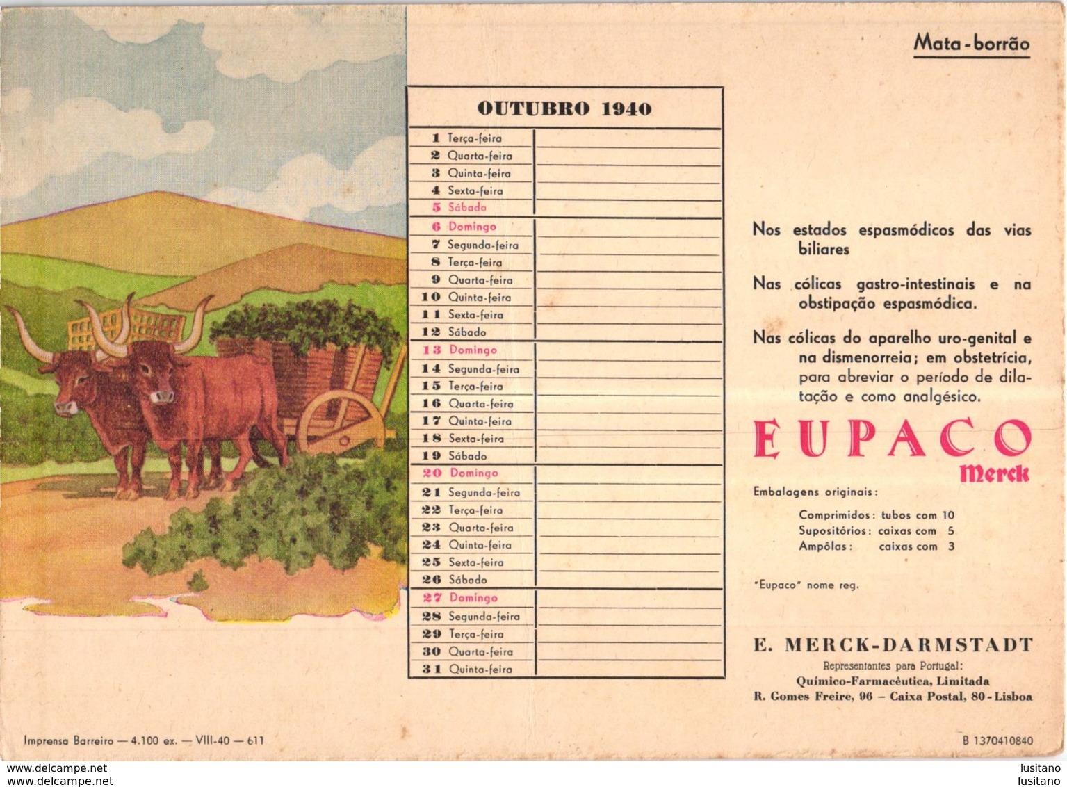 PORTUGAL MATA BORRAO BUVARD BLOTTER  20.8 X 14.7 CMS - 1940 MEDECINE ADVERTISING ( 2 SCANS ) - Vernici