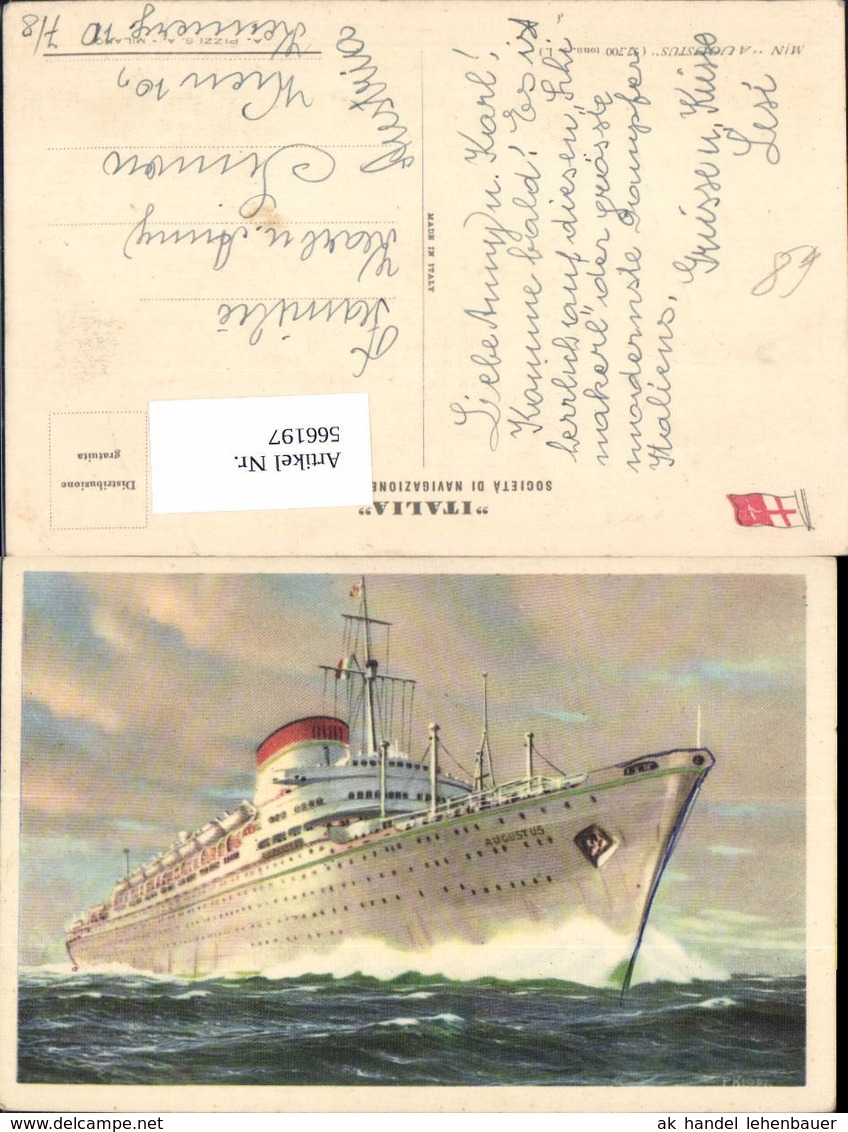 566197,Schiff Hochseeschiff Dampfer M/N Augustus Italia Societa Die Navigazione Genov - Krieg