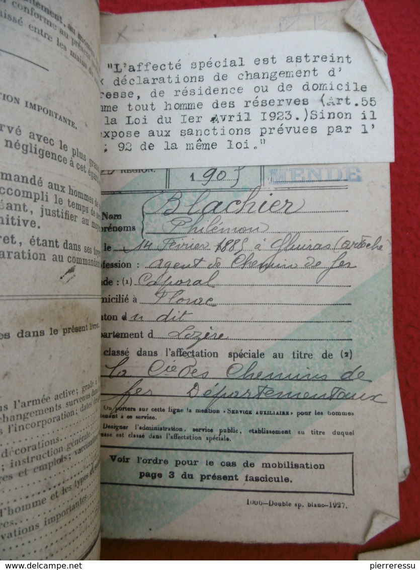 LIVRET MILITAIRE CAPORAL BLACHIER DE GLUIRAS ARDECHE COMPAGNIE DES CHEMINS DE FER - Documentos