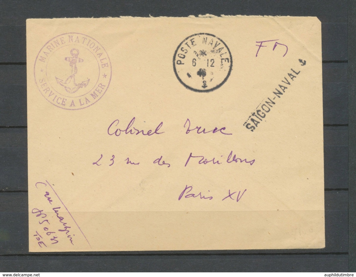 1946 Env. En FM Obl Poste-navale Griffe SAÏGON-NAVAL Superbe X3755 - Poste Navale