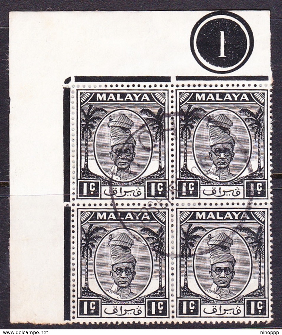 Malaysia-Perak SG 128 1950 Sultan Shah 1c Black Block 4, Plate Number 1, Used - Perak