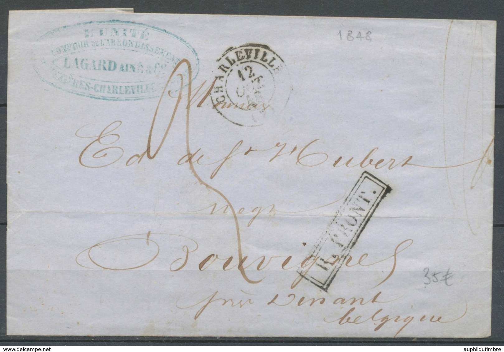 1848 Lettre CAD T15 Charleville + R.FRONT Belgique à 2d Tarif Frontalier X3671 - 1849-1876: Période Classique