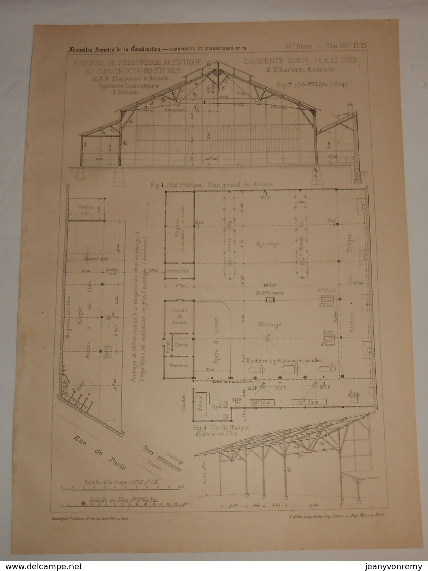 Plan D'ateliers De Serrurerie Artistique. M.M. Charpentier Et Brousse, Ingénieurs, Constructeurs à Puteaux. 1890 - Arbeitsbeschaffung