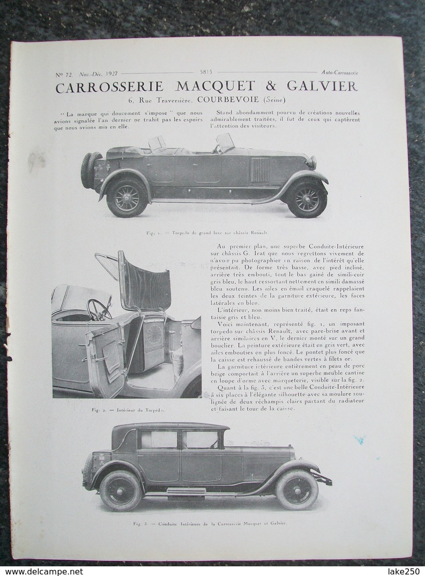 PUBBLICITA'/PUBLICITE' CARROSSERIE MACQUET & GALVIER,RENAULT,MEULEMEESTER,da Rivista AUTO CARRROSSERIE 1927 - Voitures