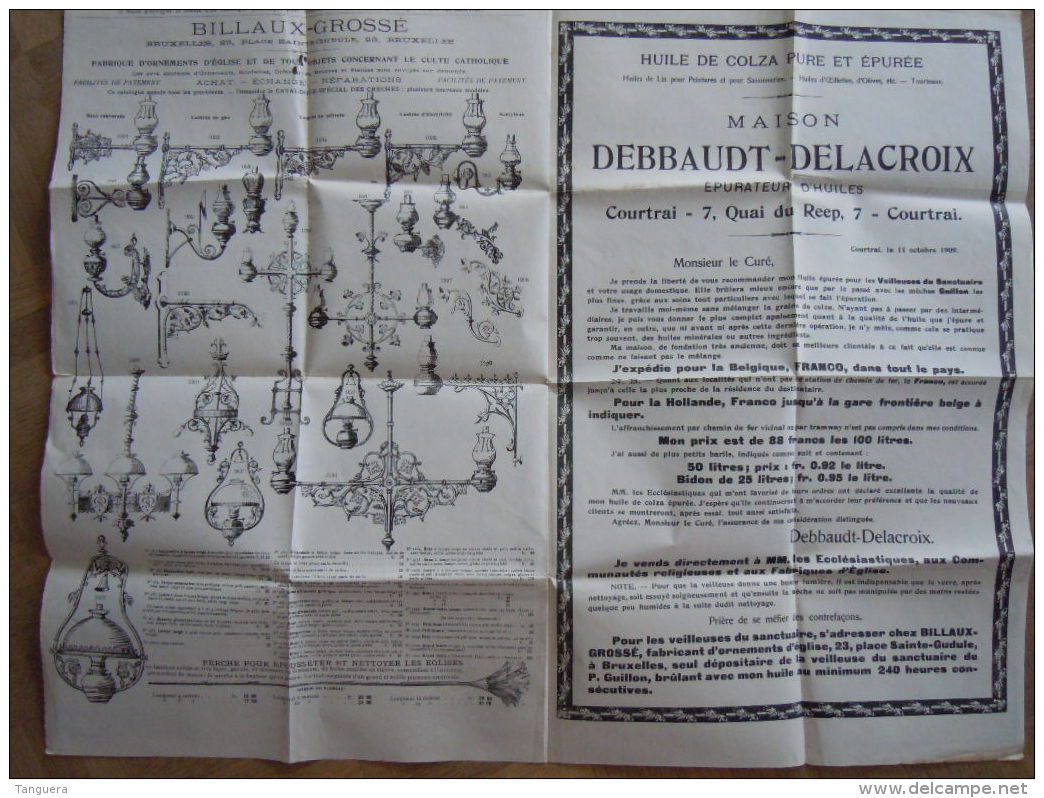 Folder Dépliant 1909 Pub Billaux-Grosse Bruxelles Chasubles Dalmatique Chapes Huile De Colze Kazuifels Produits église - Advertising