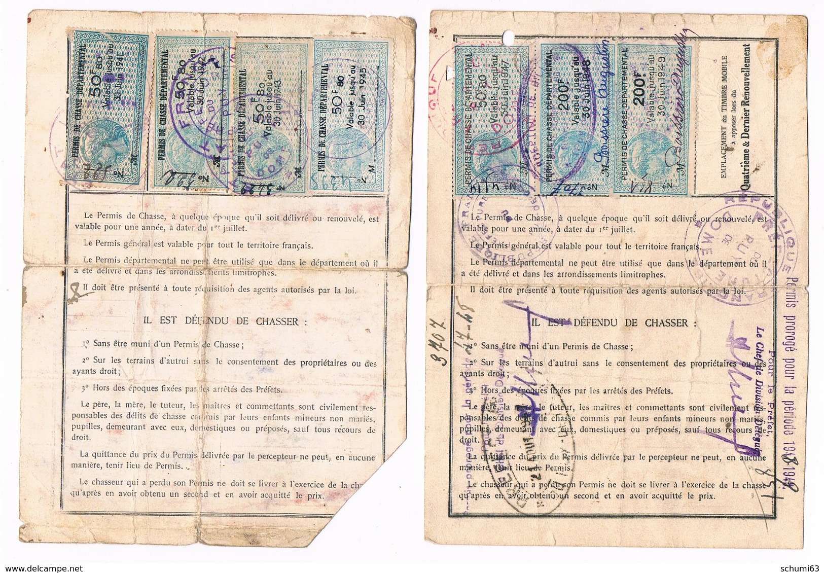 D 63 - EGLISENEUVE Près BILLOM - 2 PERMIS DE CHASSE - 1939- 1945- TIMBRES FISCAUX - 5690 I - Documents Historiques