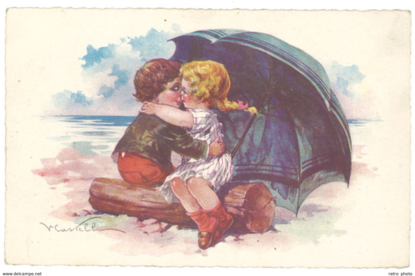 Cpa Signée Castelli , Enfants Amoureux, Parapluie - Castelli