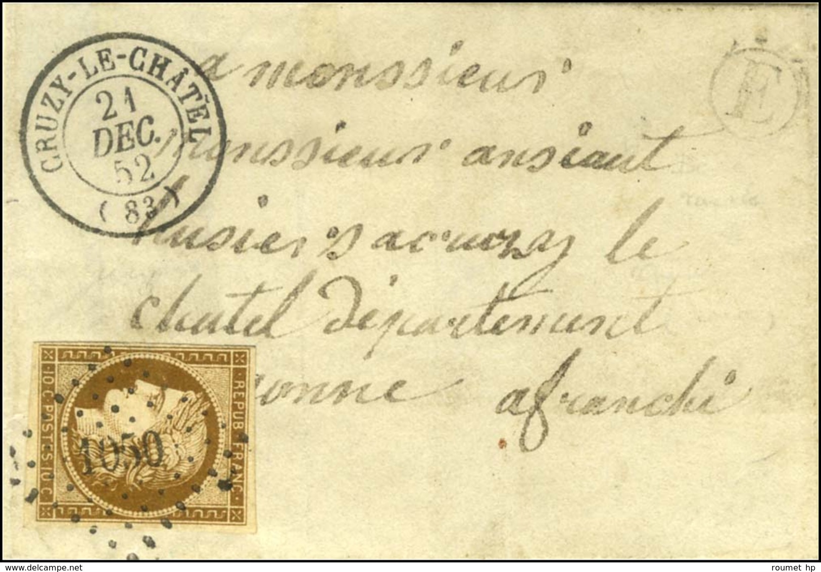 PC 1050 / N° 1 Bistre-brun Càd T 15 CRUZY-LE-CHATEL (83) Sur Lettre Locale. 1852. - TB / SUP. - R. - 1849-1850 Ceres