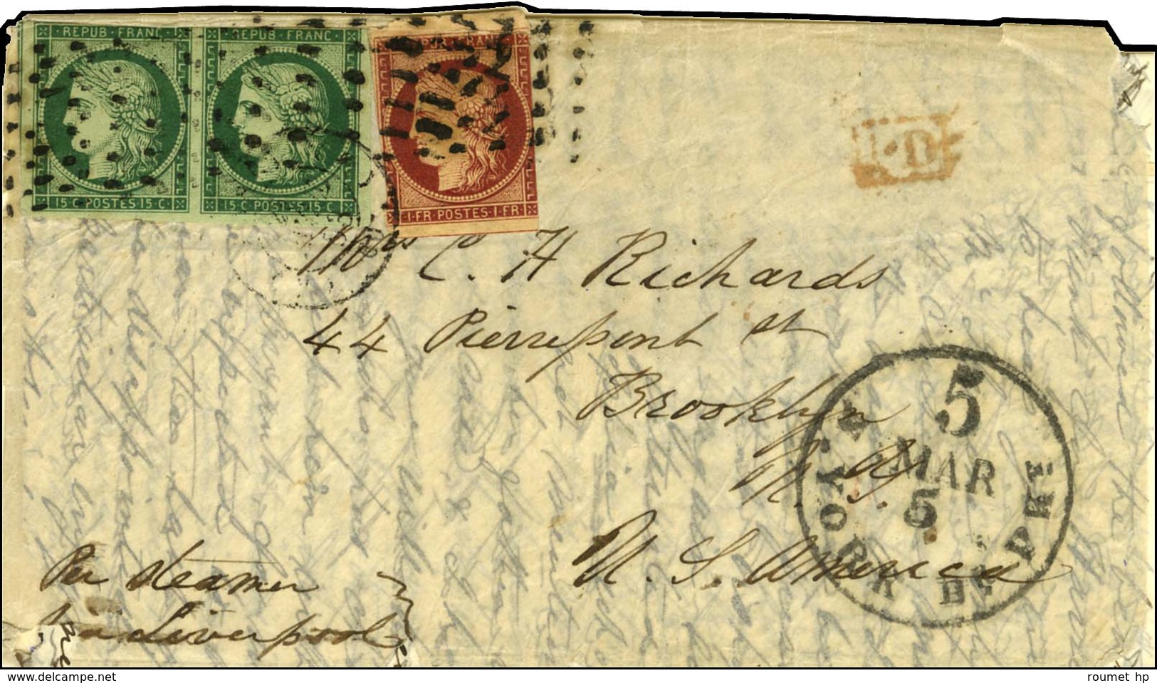 Rouleau De Points / N° 2 Paire + N° 6 (les 3 Ex Def) Càd PARIS (60) Sur Lettre Pour New York. 1853. - B / TB. - R. - 1849-1850 Ceres