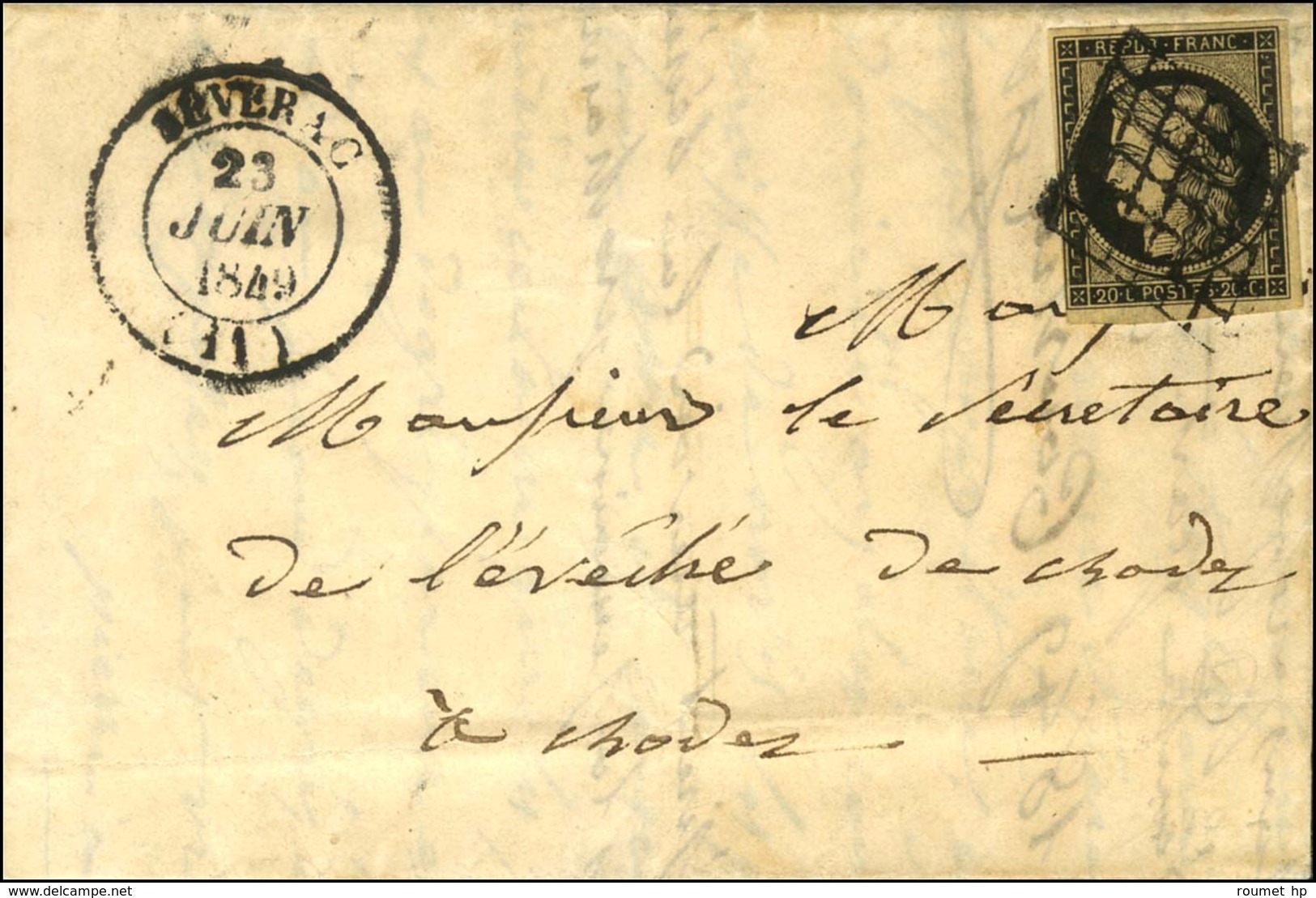 Grille / N° 3 Càd T 14 SEVERAC (11) Sur Lettre Avec Texte Pour Rodez. 1849. - TB / SUP. - R. - 1849-1850 Ceres