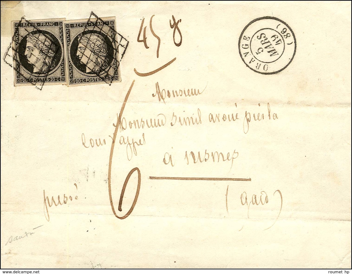 Grille / N° 3 (2) Càd T 15 ORANGE (86). Taxe 6 Sur Lettre 3 Ports Insuffisamment Affranchie Pour Nimes. Mention Manuscri - 1849-1850 Ceres