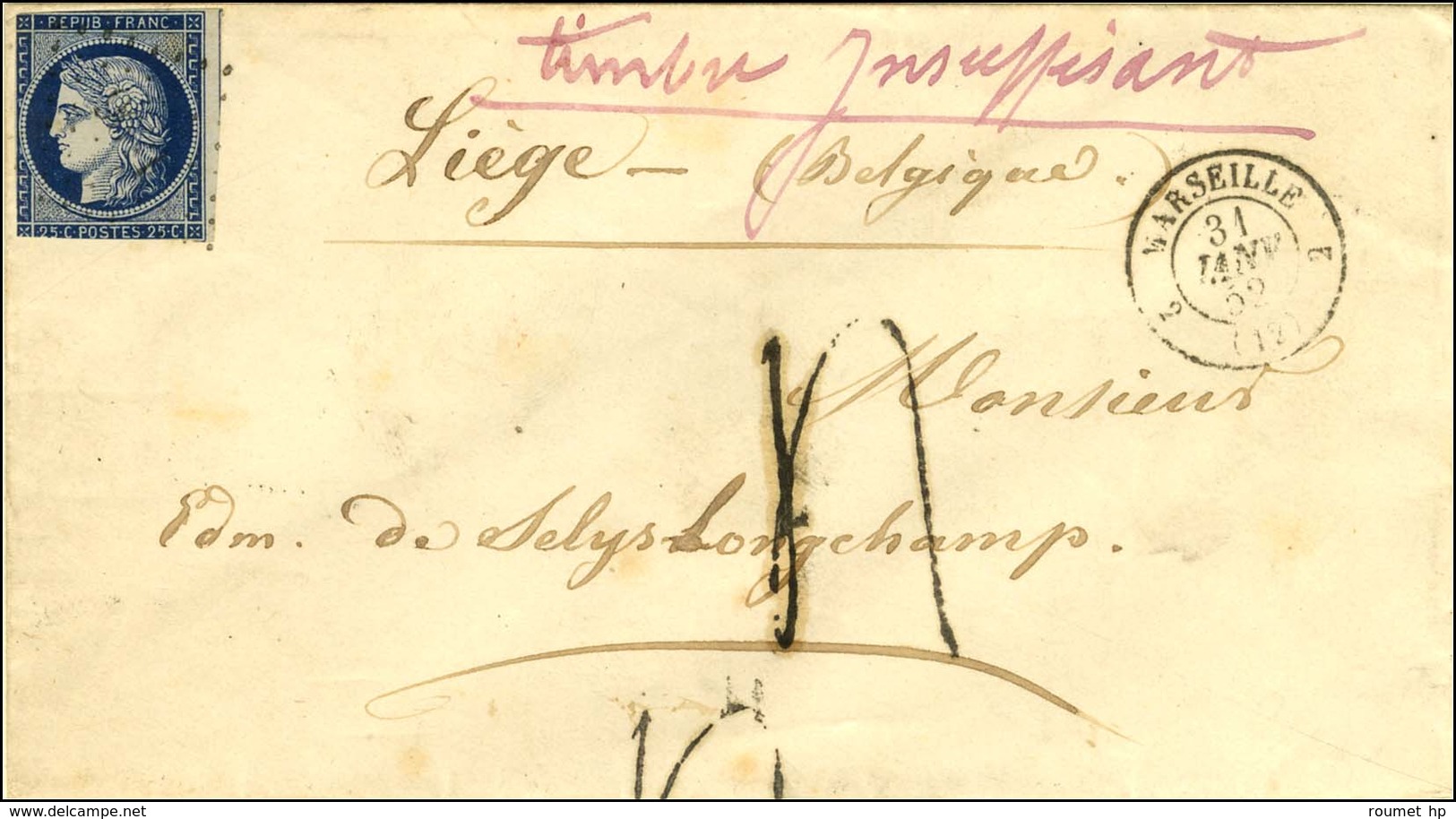 PC 1896 / N° 4 (def) Càd 2 MARSEILLE 2 (12) Sur Lettre Insuffisamment Affranchie Pour Liège, Taxe Tampon 4. 1852. - TB.  - 1849-1850 Ceres