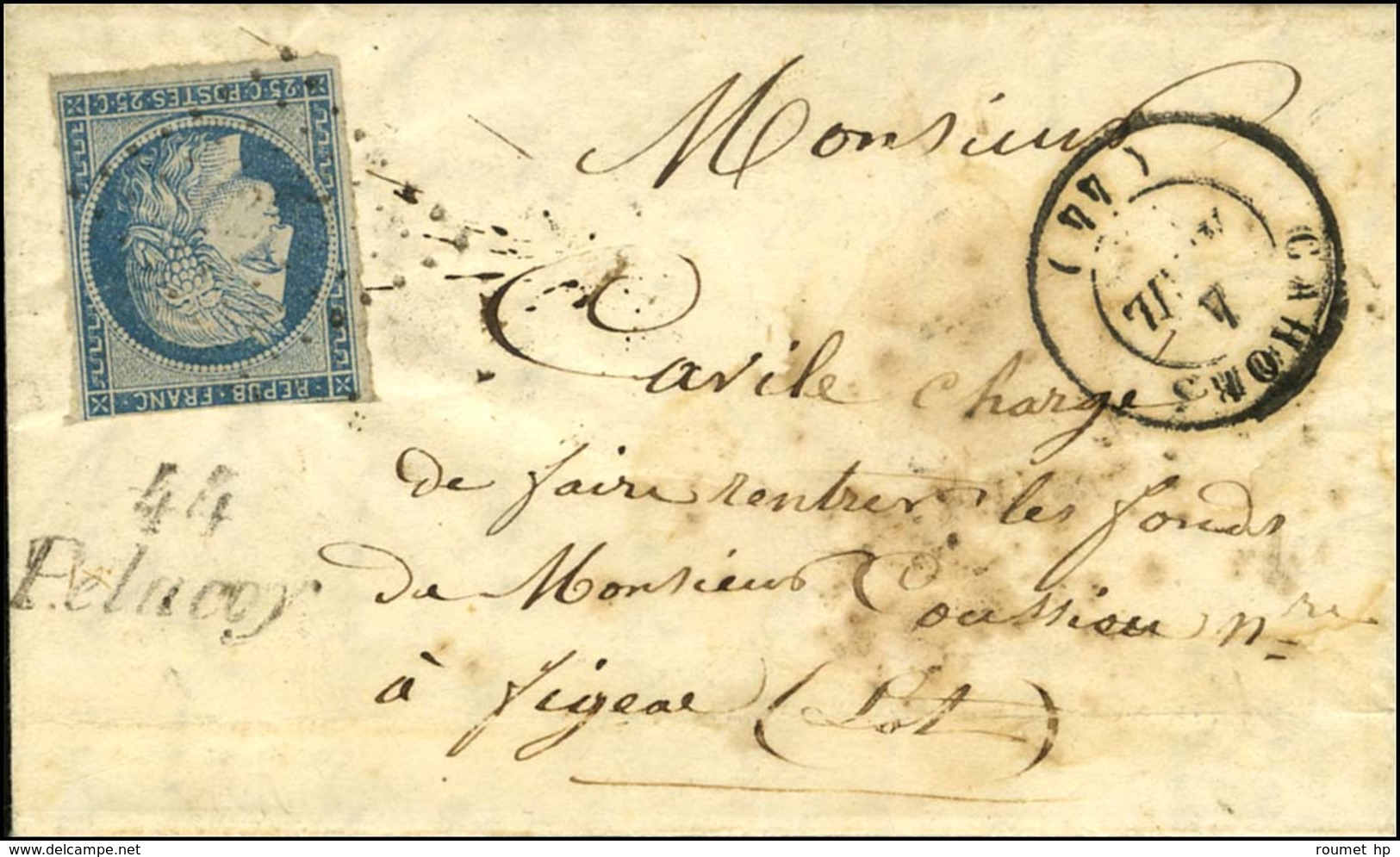 PC 2395 / N° 4 (def) Càd T 15 CAHORS (44) Cursive 44 / Pelacoy (rare) Sur Lettre Avec Texte Daté De Maxou Pour Figeac. 1 - 1849-1850 Cérès