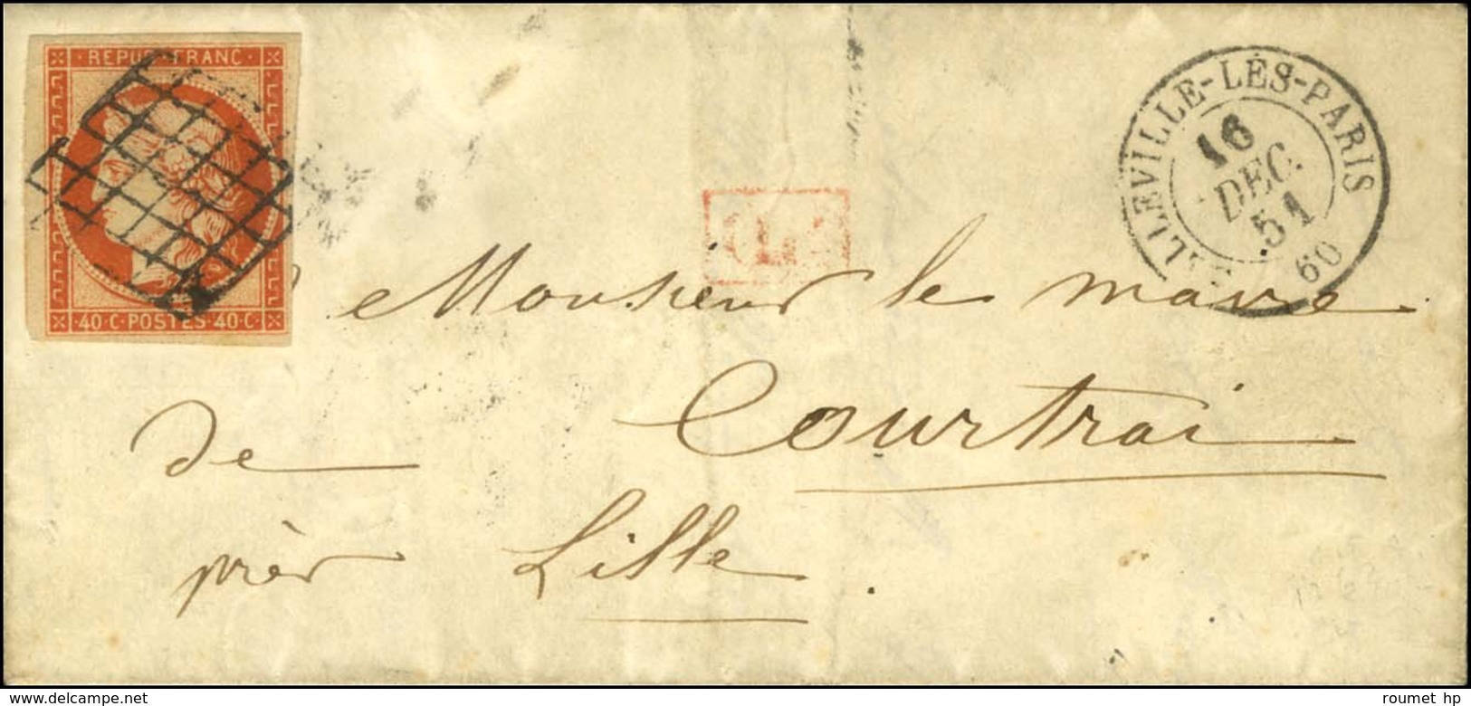 Grille / N° 4 Càd T 15 BELLEVILLE-LES-PARIS 60 Sur Lettre Pour Courtrai. 1851. - TB. - R. - 1849-1850 Ceres
