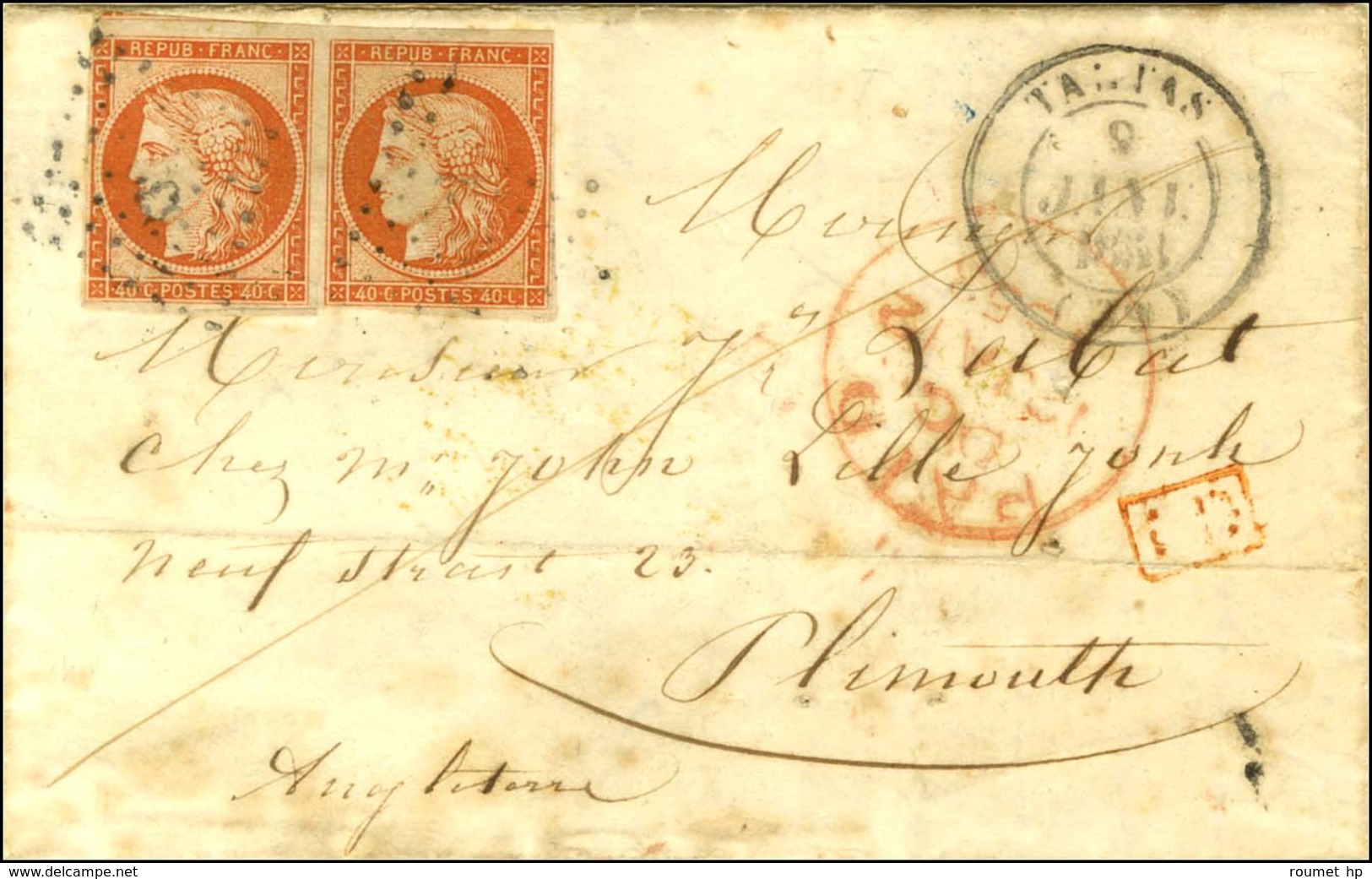 PC 3322 / N° 5 Paire (1 Ex Filet Effleuré) Càd T 14 TARTAS (39) Sur Lettre Pour Plymouth. 1853. - TB. - R. - 1849-1850 Ceres