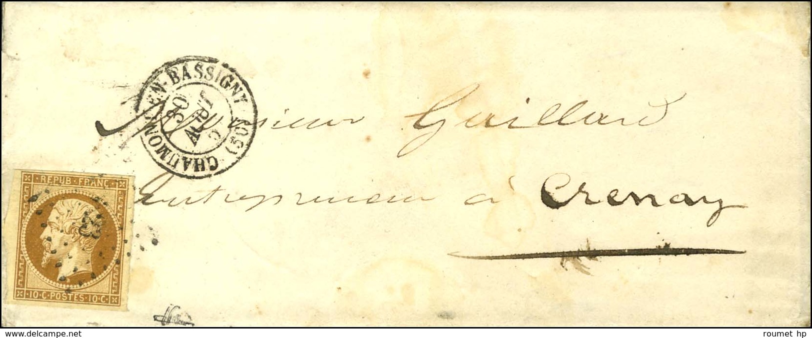 PC 823 / N° 9 Càd T 15 CHAUMONT-EN-BASSIGNY (50) Sur Lettre Avec Texte Adressée Localement à Crenay. 1854. - TB. - R. - 1852 Louis-Napoleon