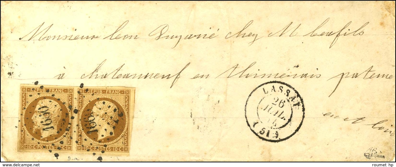 PC 1660 / N° 9 Paire Bistre Brun Foncé Càd T 15 LASSAY (51) 26 JUIL. 54 Sur Lettre Territoriale Pour Chateauneuf En Thym - 1852 Louis-Napoléon