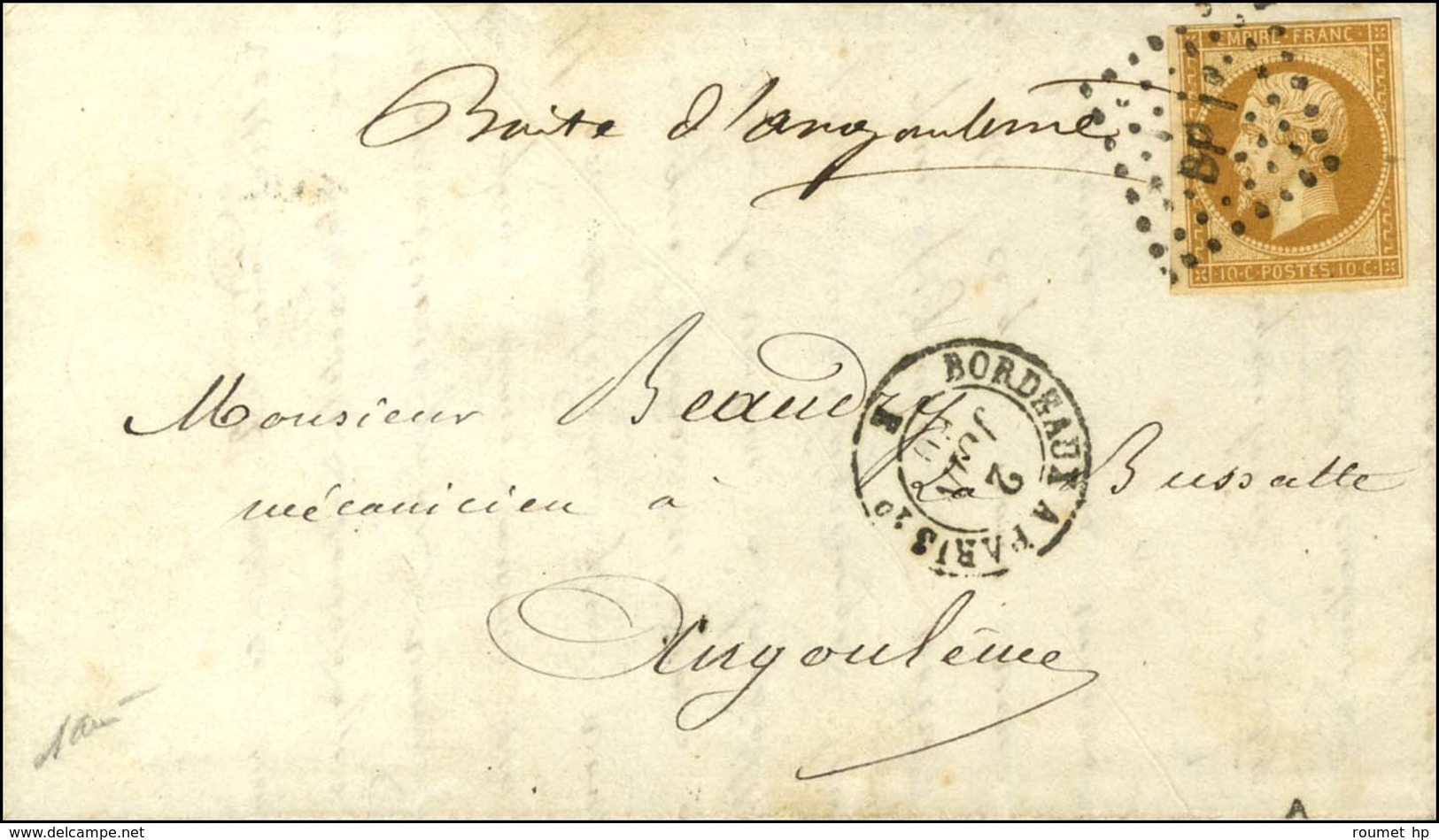 Losange BP1 / N° 13 Càd BORDEAUX A PARIS, Au Recto Mention Manuscrite '' Boîte D'Angoulême '' Sur Lettre Avec Texte Daté - 1853-1860 Napoleone III