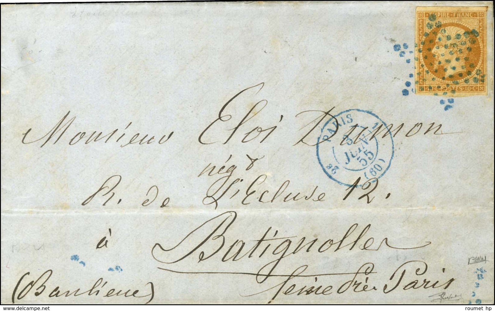 Etoile Bleue / N° 13 Càd Bleu PARIS (60) Sur Lettre Pour Les Batignolles Au Tarif Des Recettes Réunies. 1855. - TB / SUP - 1853-1860 Napoleon III