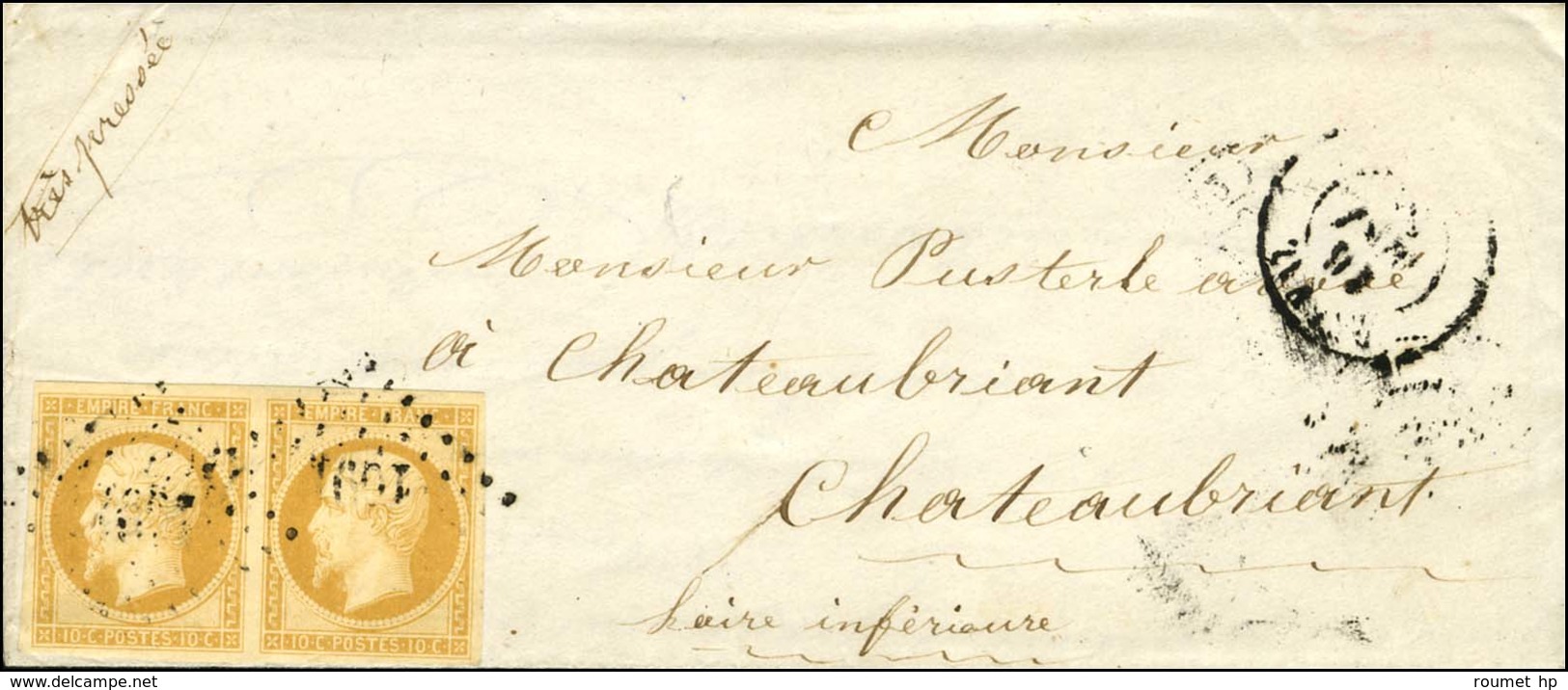 PC 1091 / N° 13 Paire (nuance Citron) Càd T 15 DERVAL (42) Sur Enveloppe Avec Texte Pour Chateaubriant. 1858. - TB. - 1853-1860 Napoleone III