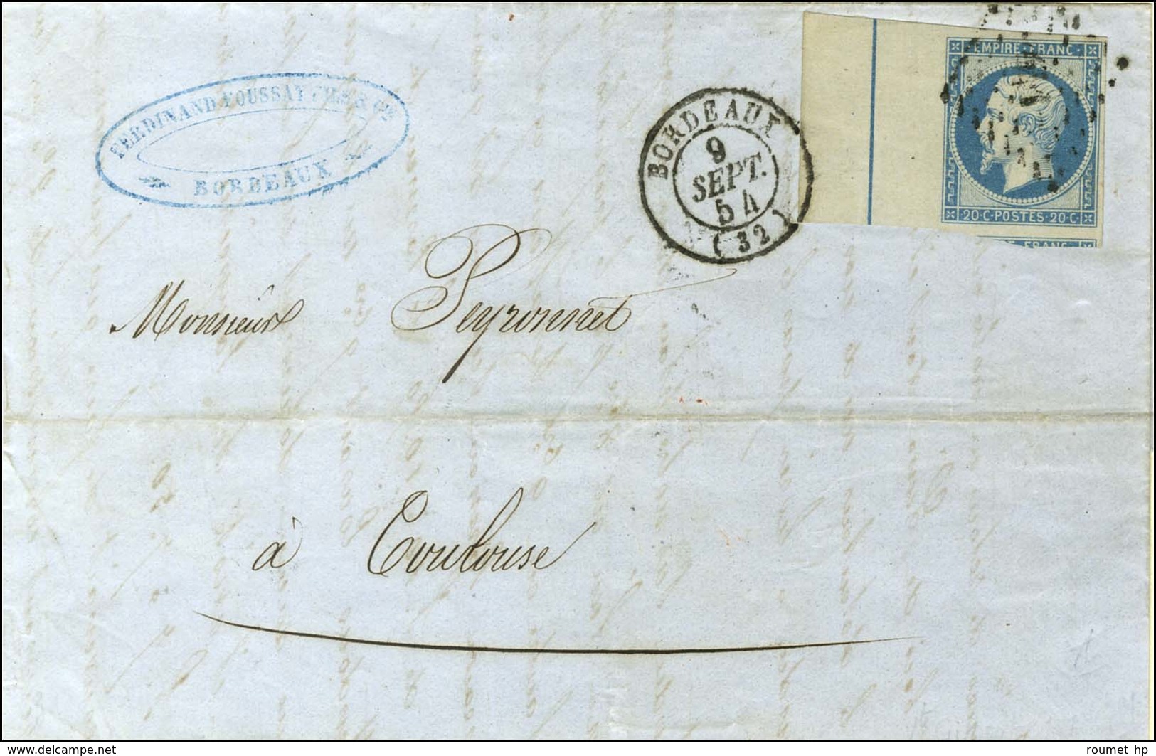 PC 441 / N° 14 Bleu Laiteux, Bdf Intégral, Filet D'encadrement Càd T 15 BORDEAUX (32). 1854. - SUP. - 1853-1860 Napoleon III