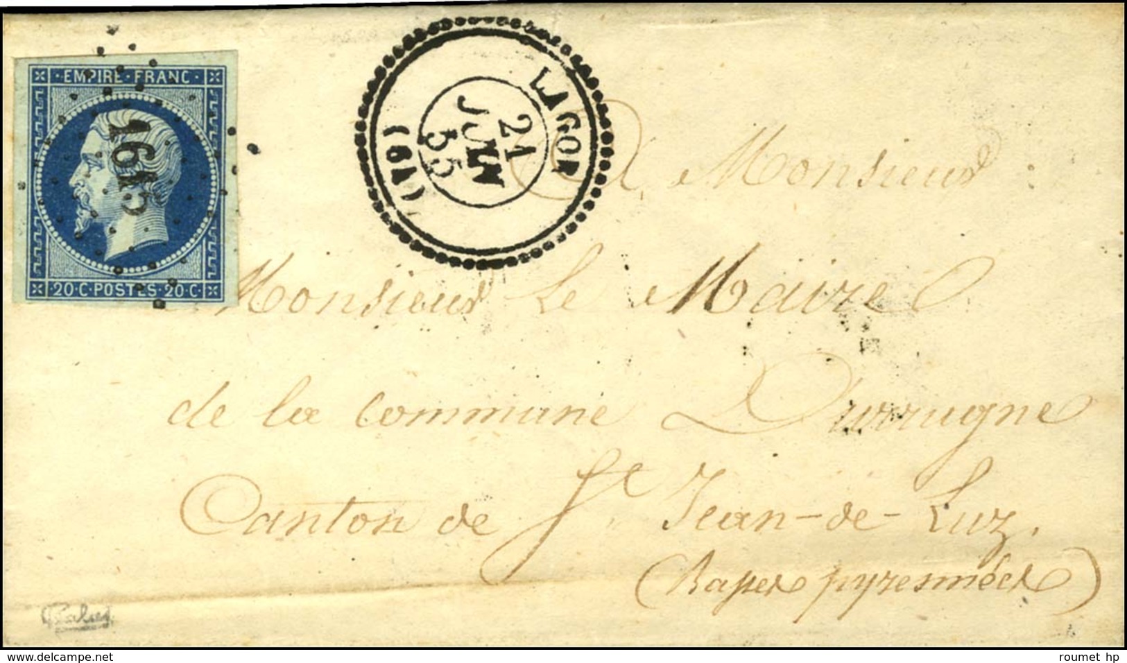 PC 1615 / N° 14 Bleu Foncé Sur Vert, Très Belles Marges Càd T 122 LAGOR (64) Sur Lettre Pour St Jean De Luz. 1855. - SUP - 1853-1860 Napoleone III