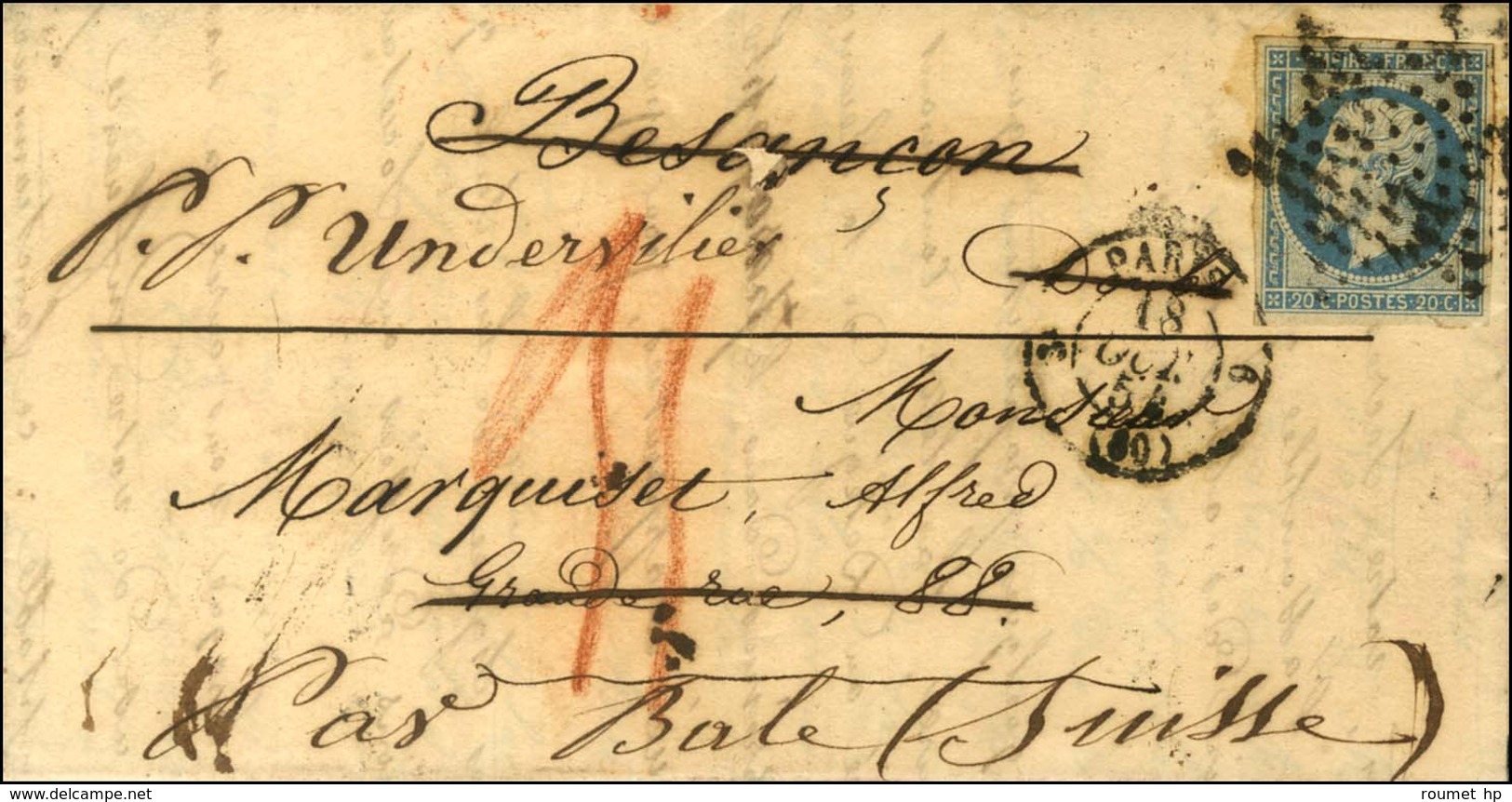 Etoile / N° 14 Càd PARIS (60) Sur Lettre Adressée à Besançon Réexpédiée à Bâle à L'aide D'une Taxe 35 Au Crayon Rouge. 1 - 1853-1860 Napoleone III