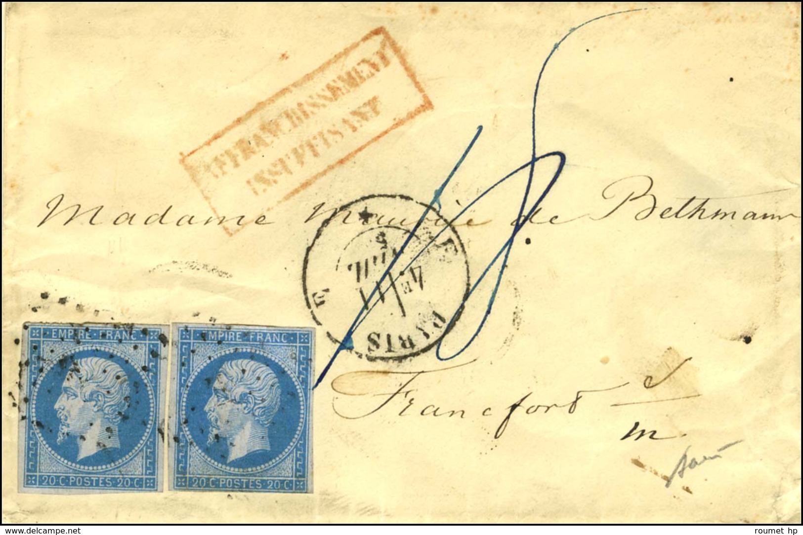 Losange F / N° 14 Bleu Sur Lilas (2) Càd F PARIS F Sur Lettre Insuffisamment Affranchie Pour Francfort. 1858. - TB. - 1853-1860 Napoleon III