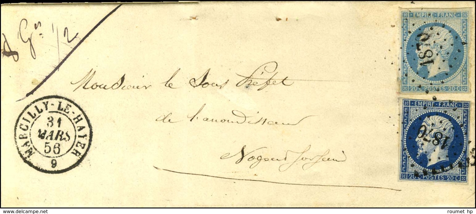 PC 1870 / N° 14 Bleu Clair + N° 14 Bleu Foncé Càd T 15 MARCILLY-LE-HAYER 9 Sur Lettre 2 Ports (mention 8gr 1/2). 1856. - - 1853-1860 Napoleon III