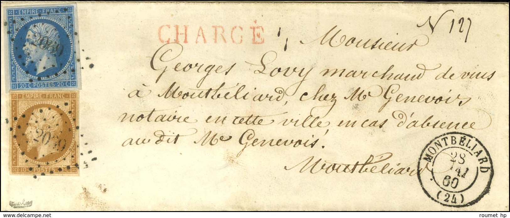 PC 2069 / N° 13 + 14 Càd T 15 MONTBELIARD (24) Sur Lettre Chargée Locale, Au Verso Descriptif De Chargement. 1860. - SUP - 1853-1860 Napoleon III