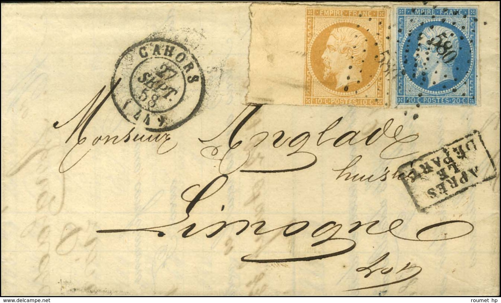 PC 580 / N° 13 Grand Bdf (leg Def) + 14 Càd T 15 CAHORS (44) Sur Lettre En Triple Port Local Pour Limogne. 1858. - TB. - - 1853-1860 Napoleone III