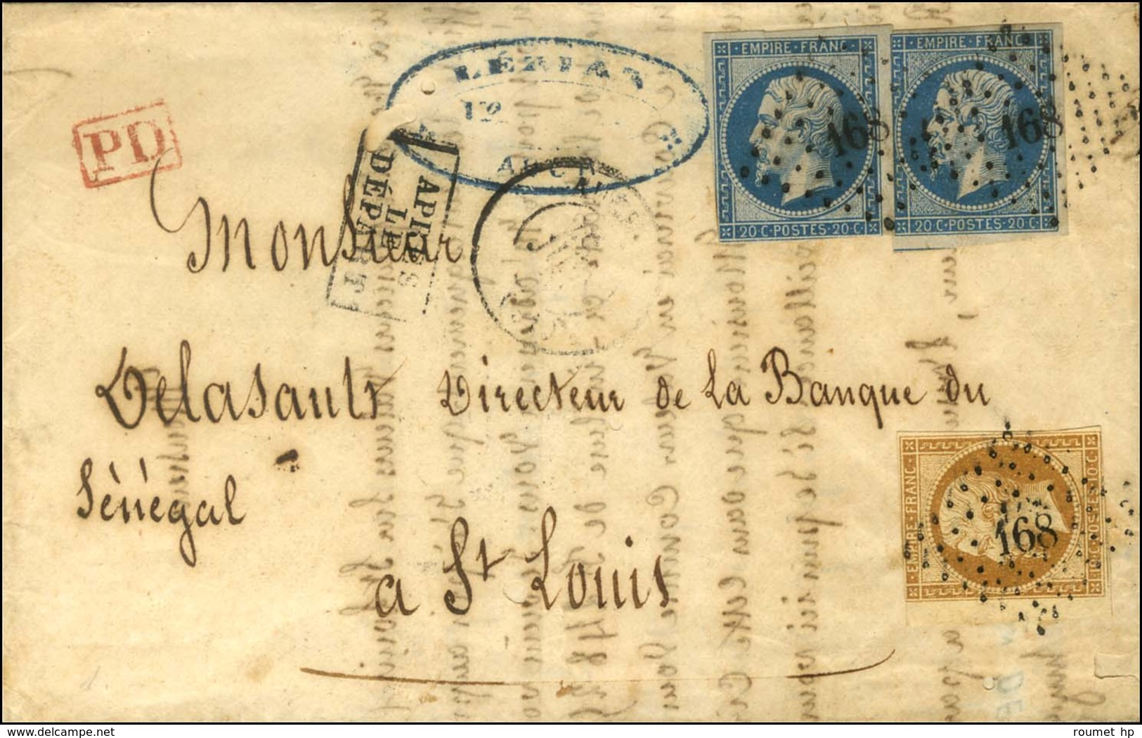 PC 168 / N° 13 Bdf (leg Def) + N° 14 (2, 1 Ex Leg Def) Càd T 15 AUCH (31) Sur Lettre Pour St Louis Du Sénégal. 1861. - T - 1853-1860 Napoleon III