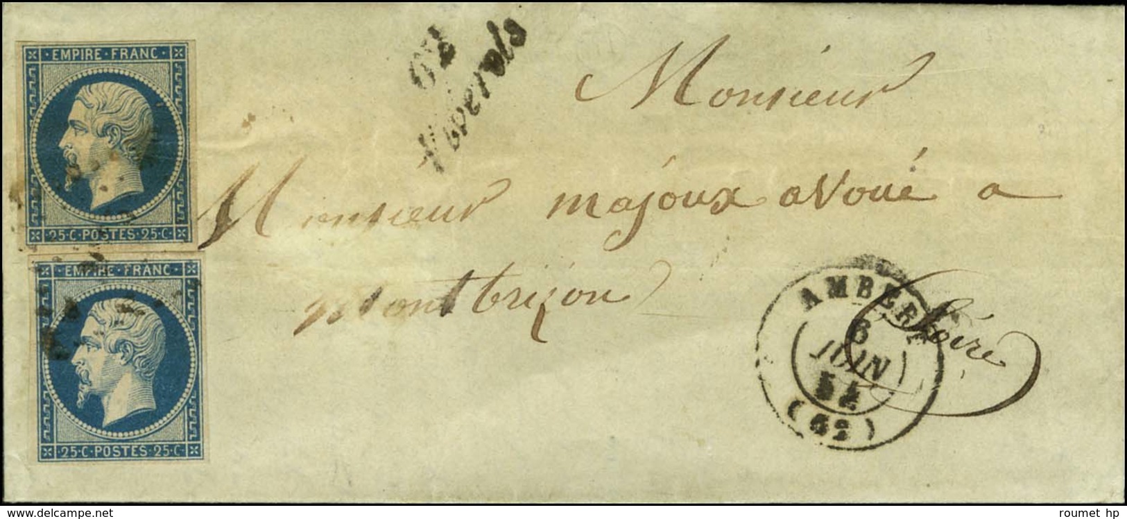 PC 3665 / N° 15 (2) Càd T 15 AMBERT (62) Cursive 62 / Viverols Sur Lettre 2 Ports Pour Montbrizon. 1854. - TB. - R. - 1853-1860 Napoleone III