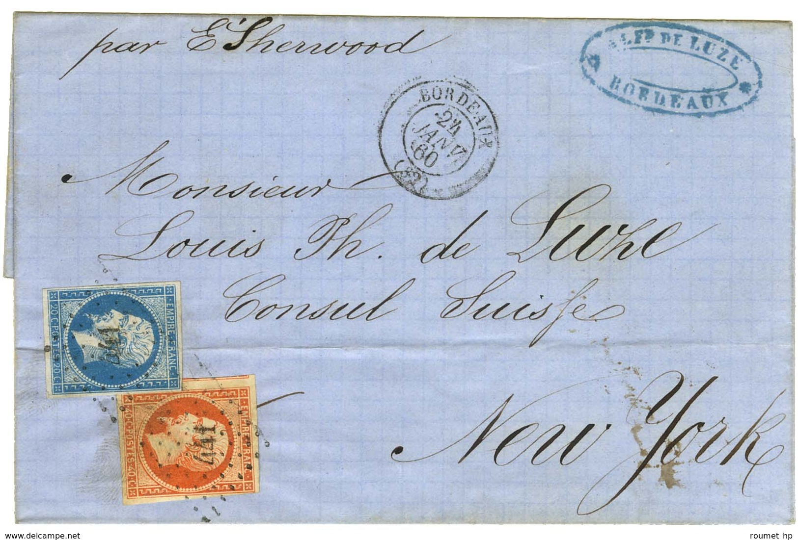 PC 441 / N° 14 (pli) + 16 Càd BORDEAUX (32) Sur Lettre Pour New York Par Les Bâtiments De Commerce. 1860. - TB. - 1853-1860 Napoleon III