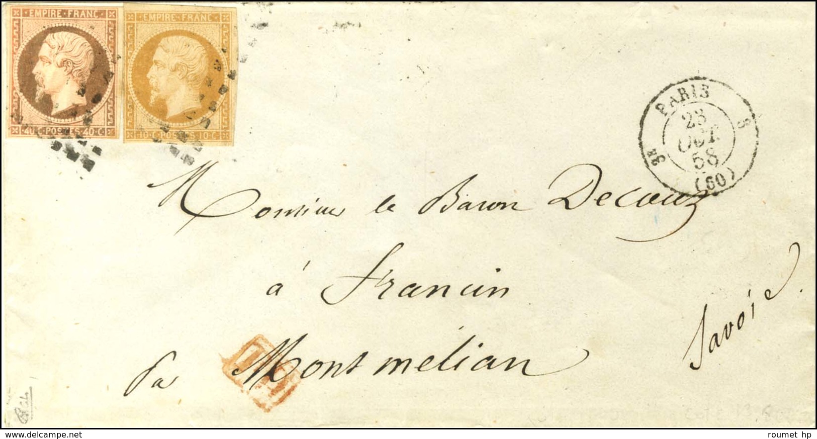 Rouleau De Gros Points / N° 13 + 16 Càd PARIS (60) Sur Lettre Pour Montmélian (Etats Sardes), Au Verso Càd Sarde D'arriv - 1853-1860 Napoleon III