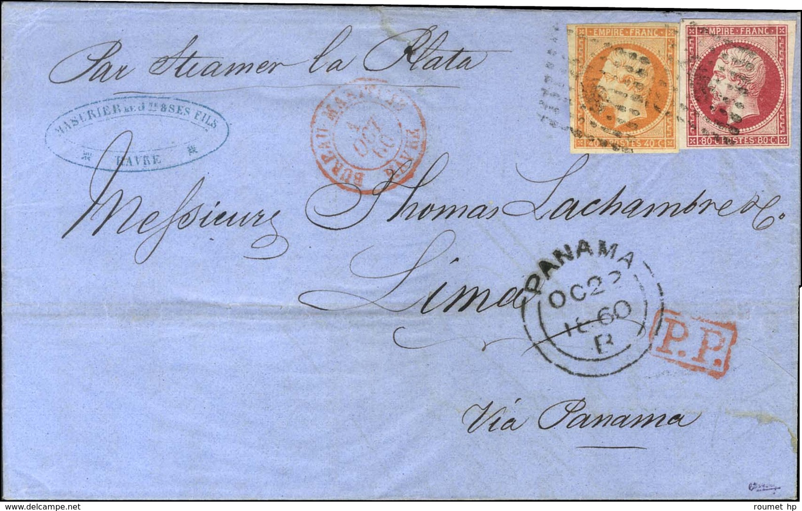 PC 1495 / N° 16 + 17A Càd Rouge BUREAU MARITIME / HAVRE Sur Lettre Pour Lima. Au Recto, Càd De Passage PANAMA. 1860. - T - 1853-1860 Napoleon III