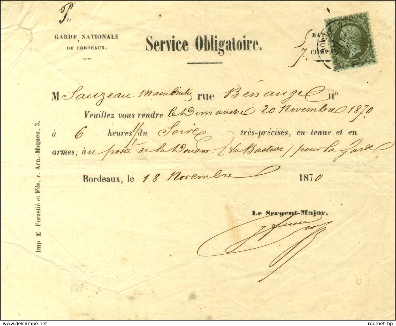 Càd BORDEAUX LA BASTIDE / N° 19 Sur Document De La Garde Nationale De Bordeaux. 1870. - TB. - R. - 1862 Napoleon III