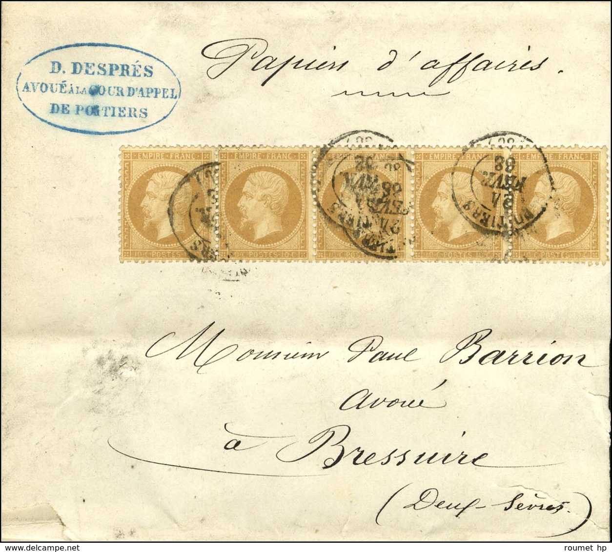 Càd T 15 POITIERS (80) / N° 21 Bande De 5 Sur Papiers D'affaires Pour Bressuires. 1868. - TB. - 1862 Napoleon III