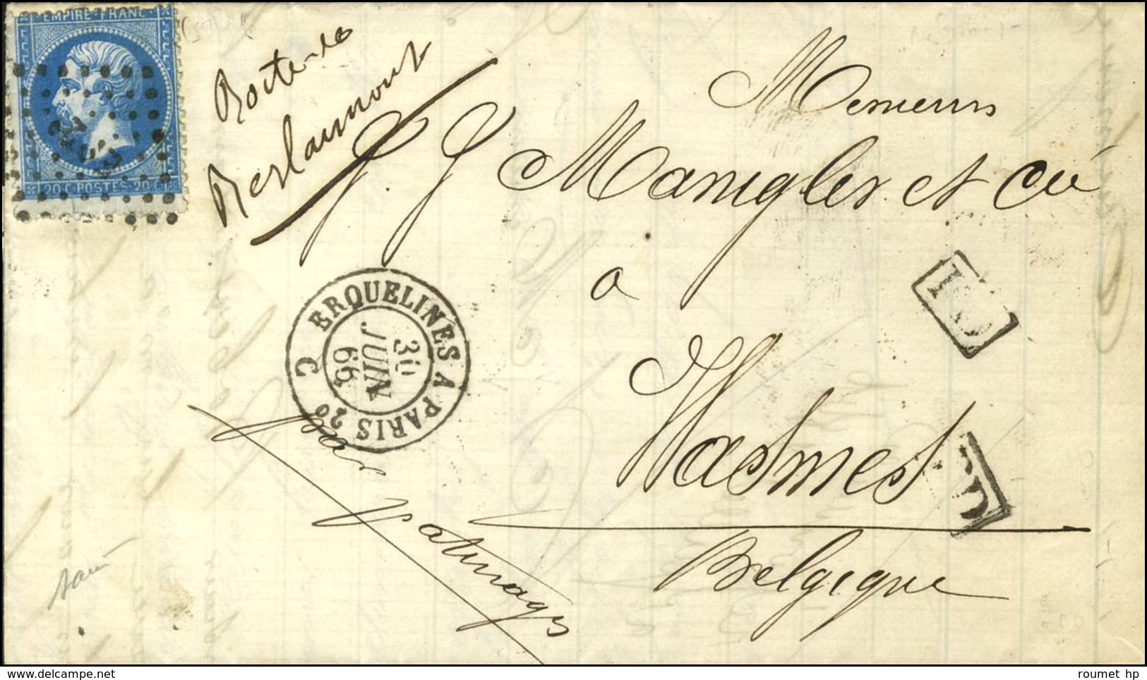 Losange EP 2 / N° 22 Càd ERCQUELINNES A PARIS, Au Recto Mention Manuscrite '' Boîte De Berlaumont '' Sur Lettre Avec Tex - 1862 Napoleone III