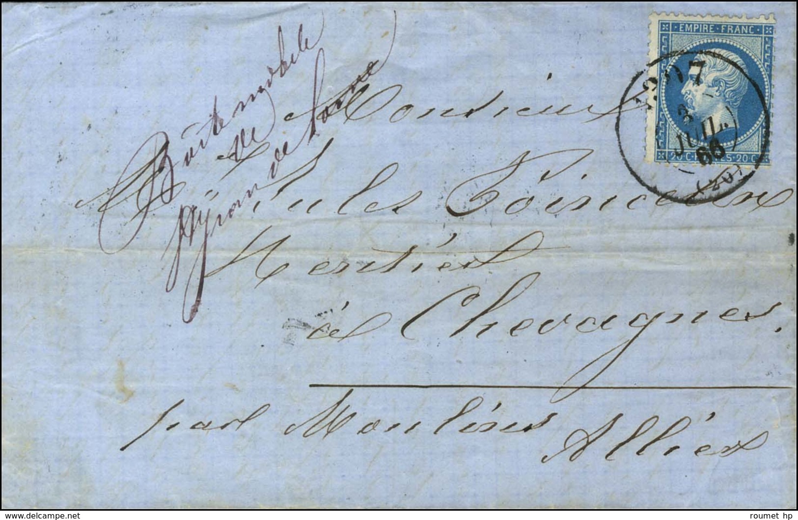 Bureau De Passe 1307 / N° 22, Au Recto Mention Manuscrite '' Boîte Mobile De Saint Jean De Losne ''. 1866. - TB / SUP. - 1862 Napoleon III