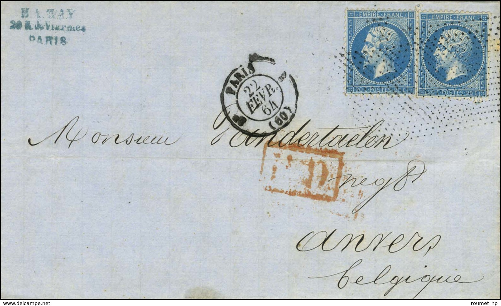 Roulette De Pointillés / N° 22 Paire Càd PARIS (60) Sur Lettre Pour Anvers. 1864. - TB / SUP. - 1862 Napoleone III