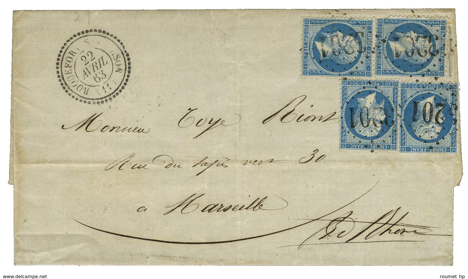 GC 3201 / N° 22 (4, 1 Ex Def) Càd T 22 ROQUEFORT-S-SOULZON (11) Sur Lettre 3 Ports Pour Marseille. 1863. - TB. - 1862 Napoleone III