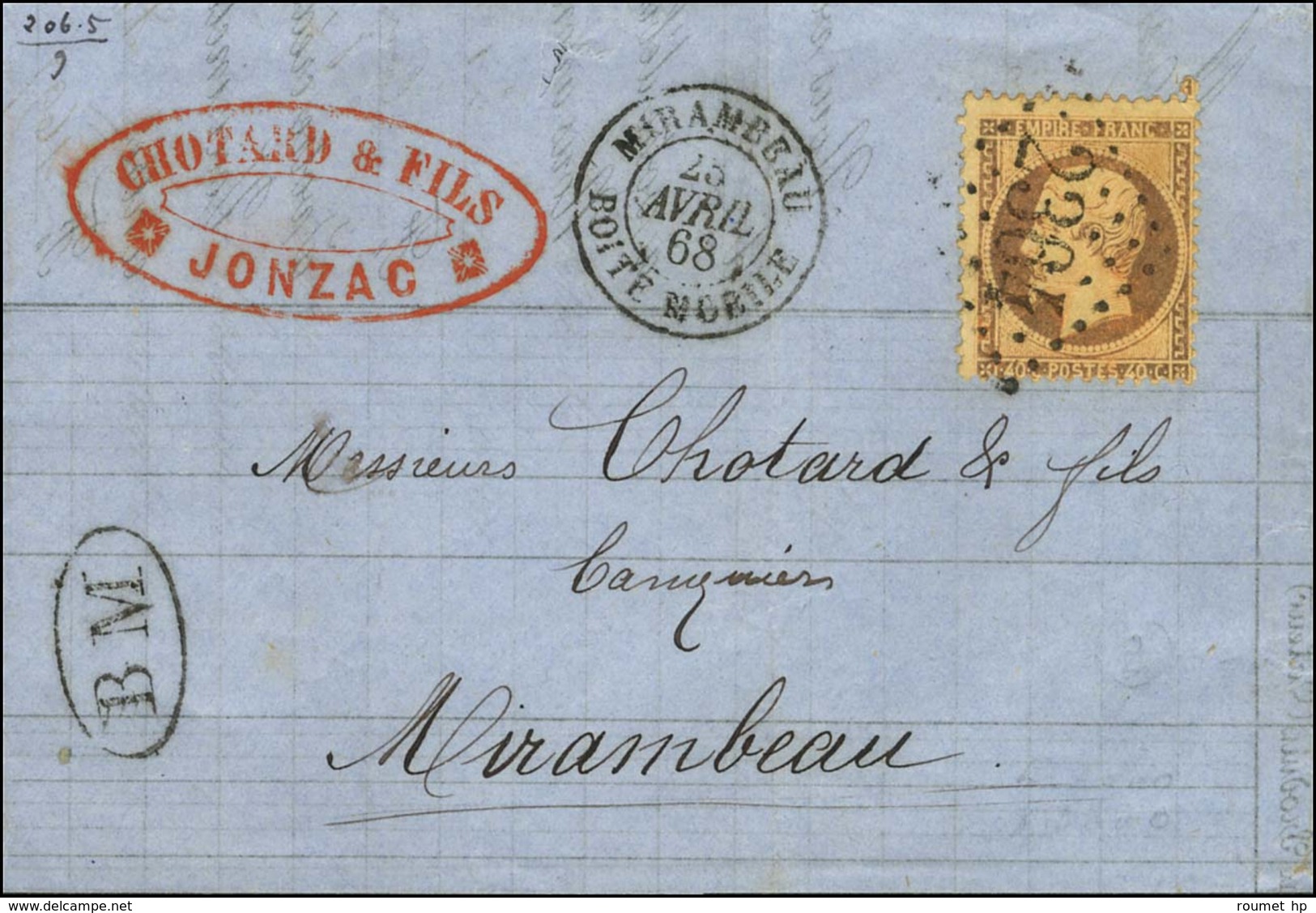 GC 2364 / N° 23 Càd T 15 MIRAMBEAU / BOÎTE MOBILE + BM Sur Lettre Avec Texte Daté De Jonzac Pour Mirambeau. 1868. - TB / - 1862 Napoleone III