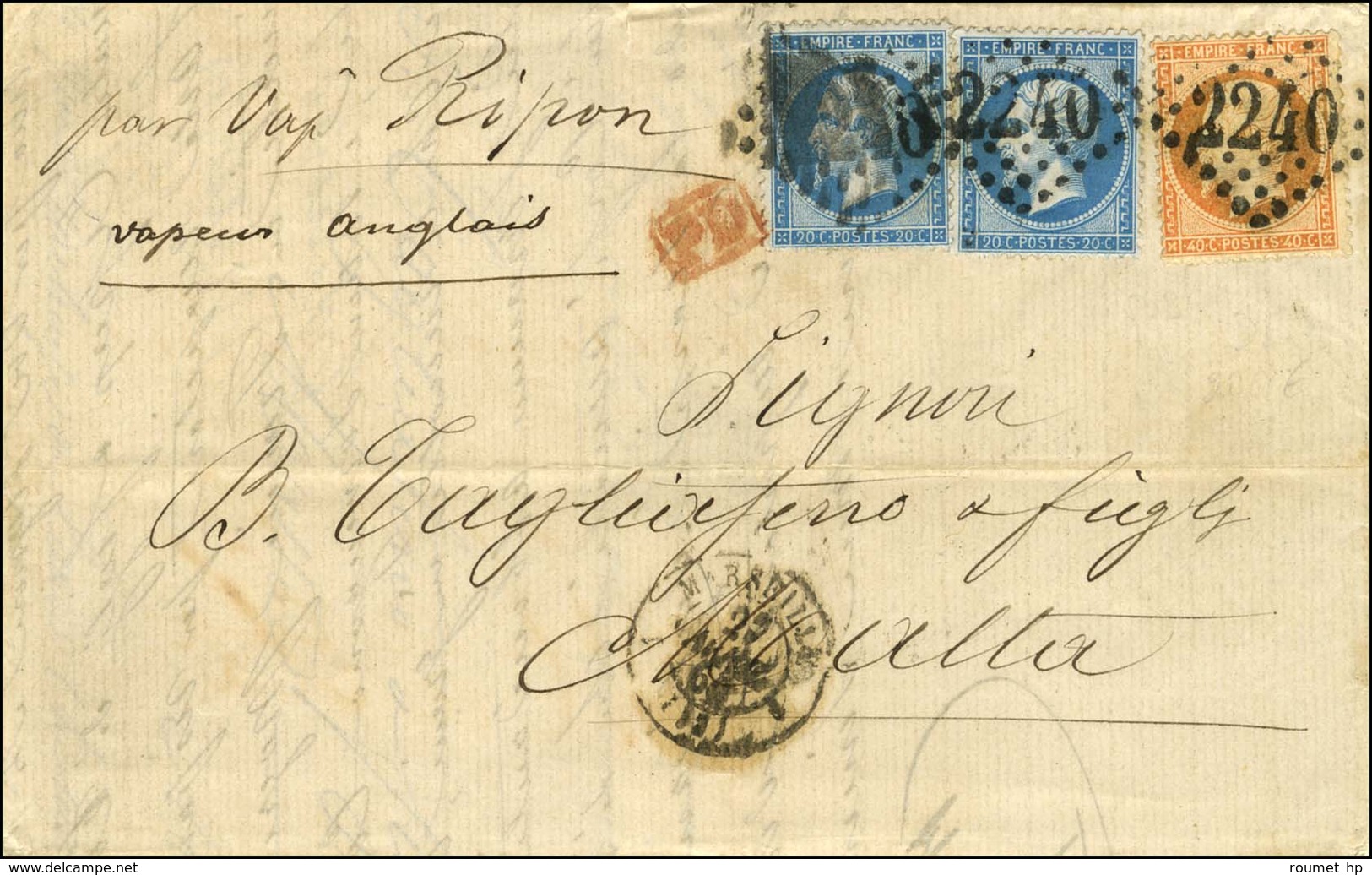 GC 2240 / N° 22 (2) + 23 Càd 1 MARSEILLE 1 (12) Sur Lettre 2 Ports Pour Malte. 1866. - TB. - 1862 Napoléon III